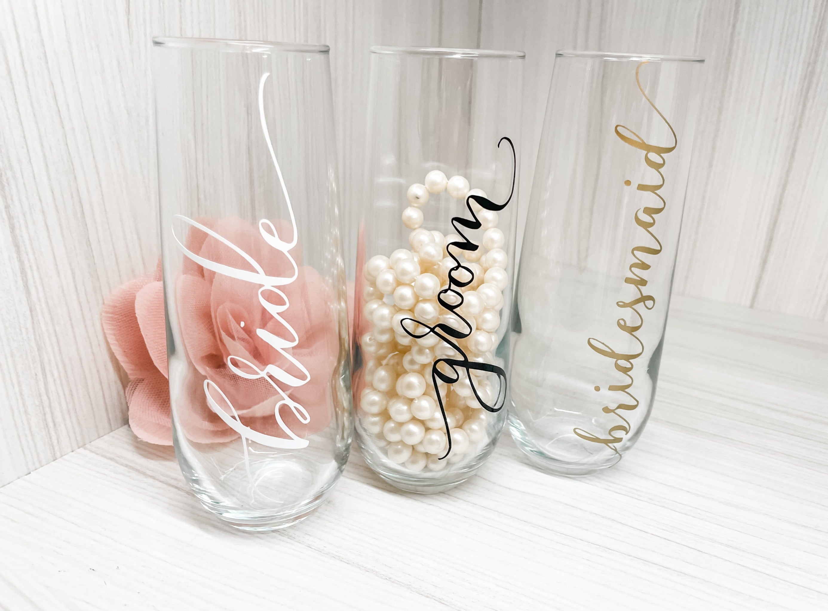 Personalized Stemless Champagne Flutes perfect for Bridesmaid Gift